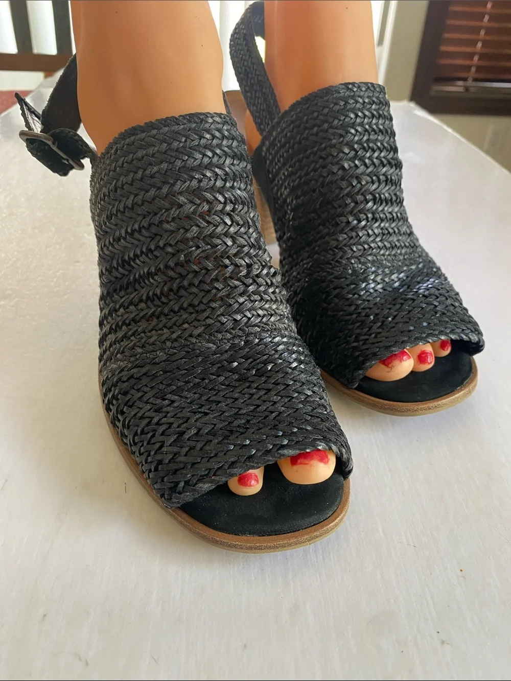 Paul Green Black Woven Open-Toe Slingback Leather Sandals Size 8